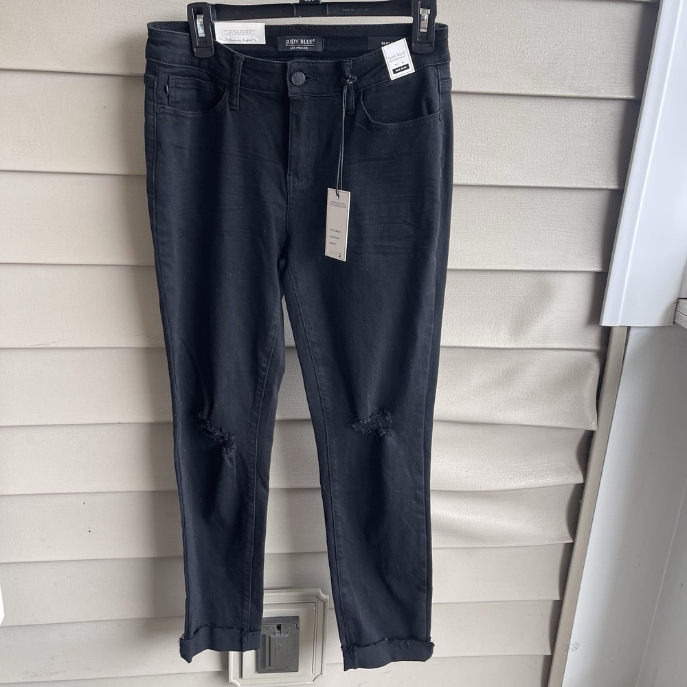 NWT Judy Blue Mid Rise Slim Fit Black Jeans 5/27 Distressed Hem Stretch